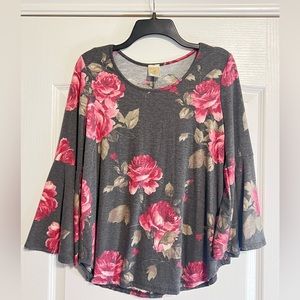 Bonded Flare Sleeve Pink and Grey Floral Top